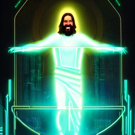 Image similar to tron legacy jesus laughing at the zoo, diffuse lighting, hyper realistic, concept art, intricate, hyper detailed, smooth, sharp focus, illustration, trending on artstation, art by greg rutkowski and james gurney and alphonse mucha