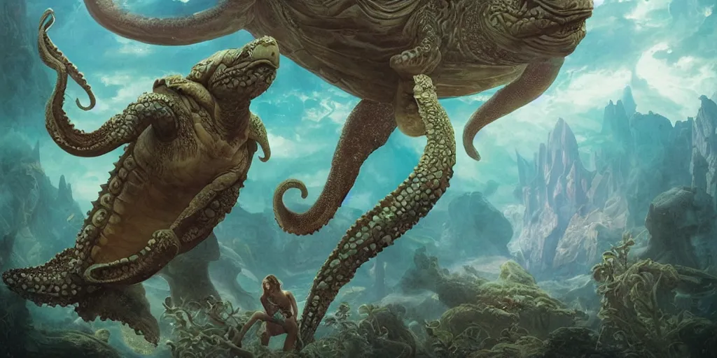 Image similar to Fantasy fairytale story, Great Leviathan Turtle, cephalopod, Cthulhu Squid, Mysterious Island, center Universe, accompany hybrid, Cory Chase, Blake Lively, Anya_Taylor-Joy, Grace Moretz, Halle Berry, Mystical Valkyrie, Anubis-Reptilian, Atlantean Warrior, intense fantasy atmospheric lighting, hyperrealistic, William-Adolphe Bouguereau, François Boucher, Jessica Rossier, Michael Cheval, michael whelan, Cozy, hot springs hidden Cave, Forest, candlelight, natural light, lush plants and flowers, Spectacular Mountains, bright clouds, luminous stellar sky, outer worlds, Solar Flare Unreal Engine, HD,