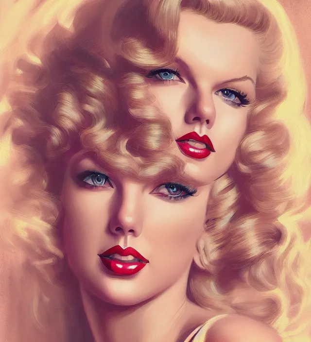 Image similar to portrait of taylor swift as a young marilyn monroe, elegant, flat lighting, intricate, highly detailed, digital painting, artstation, concept art, smooth, sharp focus, illustration, closeup, misa amane, art by simon bisley and greg rutkowski and alphonse mucha, novel cover