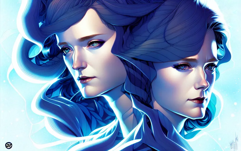 Image similar to artgerm, joshua middleton comic cover art, full body pretty evan rachel wood ice queen, symmetrical eyes, symmetrical face, long curly blue hair, icy forest, chiral lighting