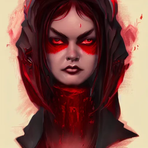 Image similar to dark witch character red and black colors, highly detailed, digital painting, artstation, concept art, smooth, sharp focus, illustration