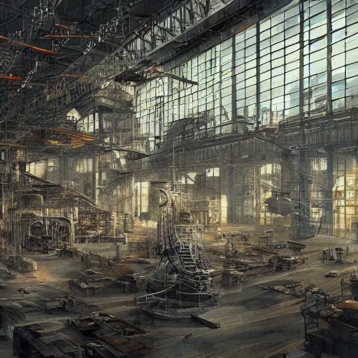 Prompt: immense industrial building interior filled with dark machines of skin bone and wires and arcane devices, hyperdetailed, matte painting