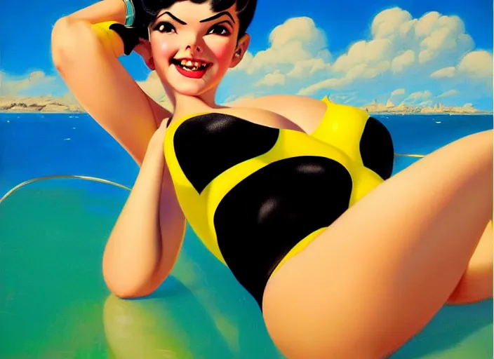 Image similar to the style of the artist gil elvgren, a girl with black hair, overwatch tracer, with a very beautiful symmetrical face, a smile on her face, tanned skin, in a yellow bikini, against the background of a sea beach, in art style, high detail, digital painting, hyperrealism