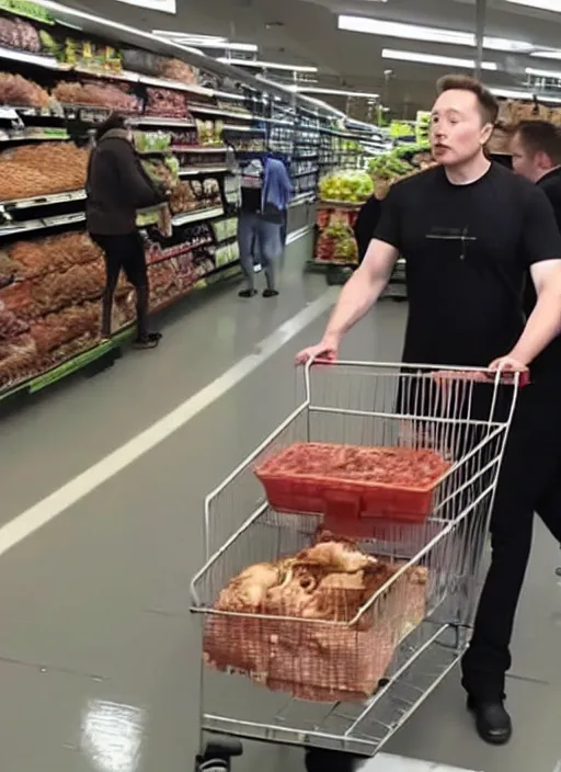 Prompt: Elon musk stealing chicken in a supermarket caught on a security camera