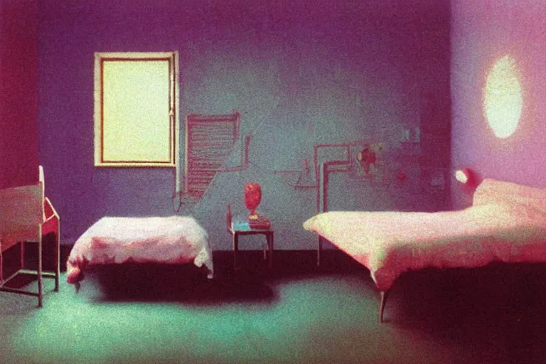 Prompt: IKEA catalogue photo, vaporwave teenage bedroom by Beksiński
