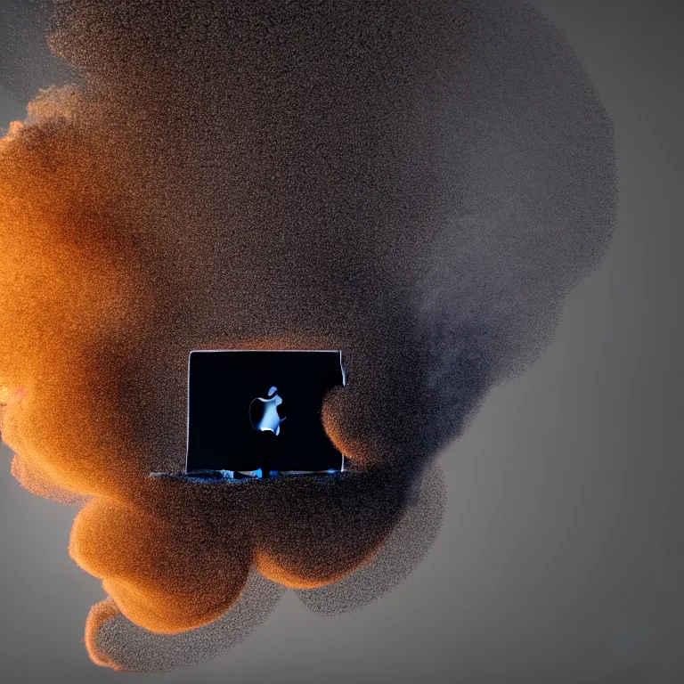 Image similar to a portrait of a macbook disintegration in dust and smoke, cinematic photography, smoke rising like clouds, beautifully symmetrical, super resolution, cgi, volumetric lighting & shadows, hyper detailed, 8 k, unreal engine,