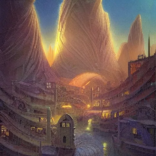 Prompt: artistic digital artwork of a city scene on an alien planet. beautiful landscape by vincent bons, michael whelan, remedios varo and gerardo dottori. grainy and rough. interesting pastel colour palette. beautiful light. oil and water colour based on high quality render.