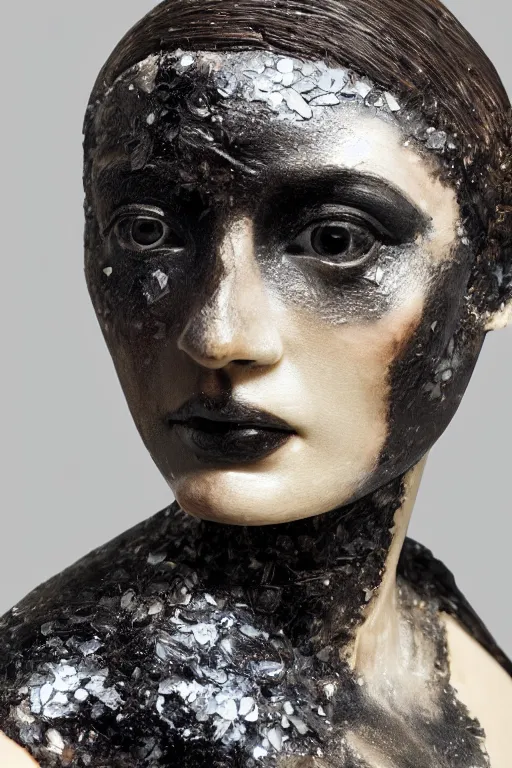 Prompt: hyperrealism close - up fractured dark obsidian statue of a beautiful medieval woman's fractured face blended with crystallic flowers in style of classicism, pale skin, ivory make up, wearing black silk robe, dark and dull palette