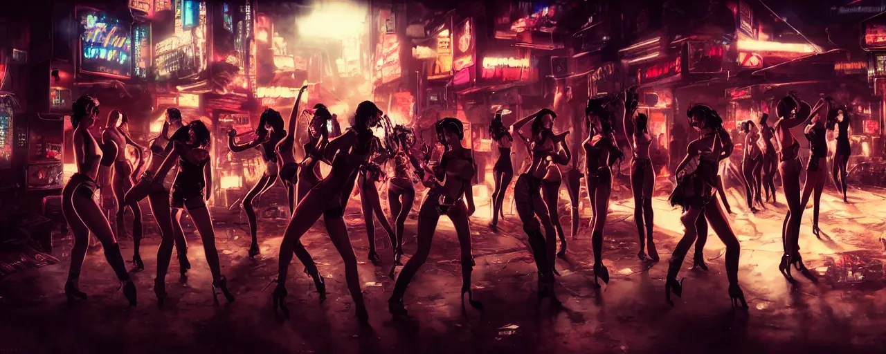 Image similar to epic highly detailed photo of gangs of girls fighting in cyberpunk night adult club, 3 5 mm, guns blasting, low angle, blade runner, akira, cinematic angle, cinematic lighting, reflections, action, battle