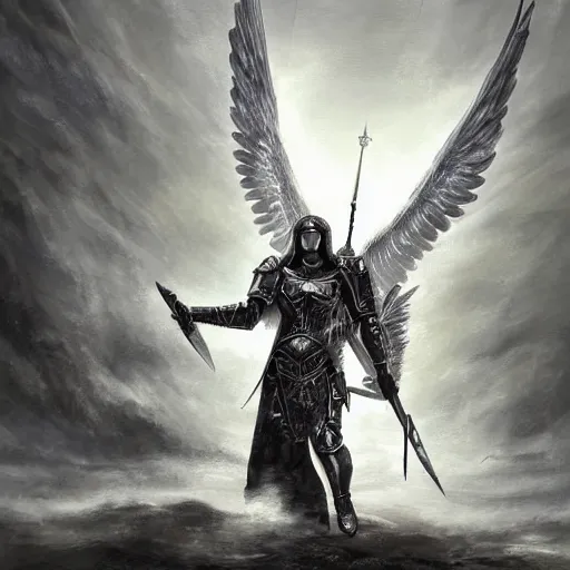 Prompt: an archangel in heavy armor descending from the clouds, artstation hall of fame gallery, editors choice, # 1 digital painting of all time, most beautiful image ever created, emotionally evocative, greatest art ever made, lifetime achievement magnum opus masterpiece, the most amazing breathtaking image with the deepest message ever painted, a thing of beauty beyond imagination or words