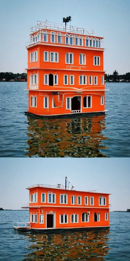 Image similar to wes anderson style beautiful floating building