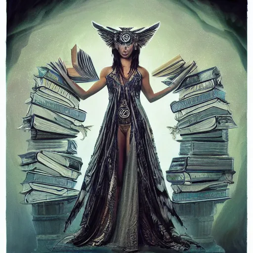 Image similar to a portrait jenna dewan as the goddess minerva surrounded by stacks of books, and owls, bioluminescent gown with deep level of detail of esoteric symbols, urban motifs, intricate, elegant, highly detailed, digital painting, trending on artstation, concept art, smooth sharp focus, illustration, art by artgerm and greg rutkowski