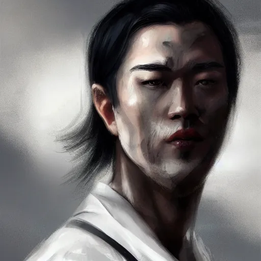 Prompt: a beautiful portrait of a white haired parted through the middle asian man, black sclera eyes, wearing white kimono with black shirt underneath, D&D, sci-fi, elegant, hopeful, muscular, highly detailed, digital painting, artstation, concept art, smooth, sharp focus, illustration