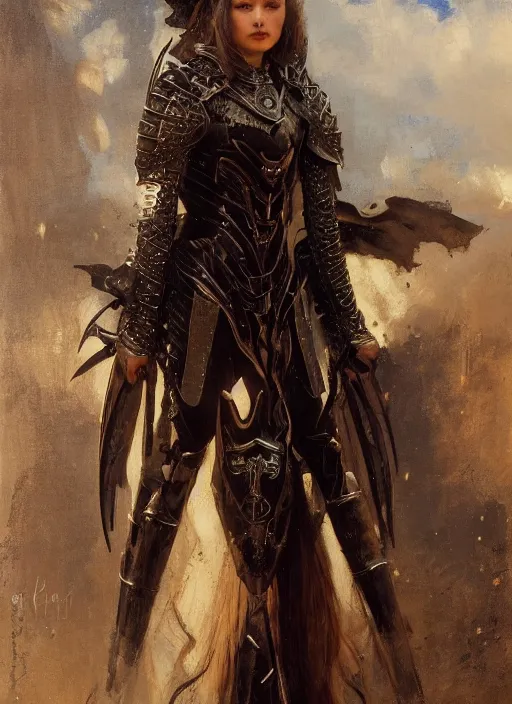 Image similar to beautiful young woman wearing black medieval armour, by gaston bussiere, bayard wu, greg rutkowski, giger, maxim verehin, greg rutkowski, masterpiece, sharp focus, cinematic lightning