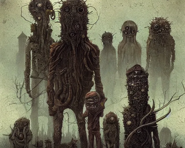 Prompt: a surreal painting of many bizarre otherworldly creatures standing in a small eerie village, by anton semenov and android jones