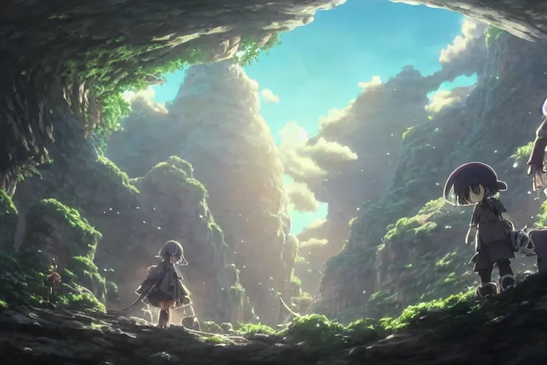 Prompt: made in abyss concept art anime key visual wlop James Jean Marc Simonetti trending on artstation hyperdetailed Unreal Engine 4k 8k ultra HD pic cinematic shot, modern anime, fantasy, eerie, intricate details, atmospheric, elegant, super highly detailed, professional digital painting, artstation, concept art, 8k, art by artgerm and eiichiro oda and koyoharu gotouge