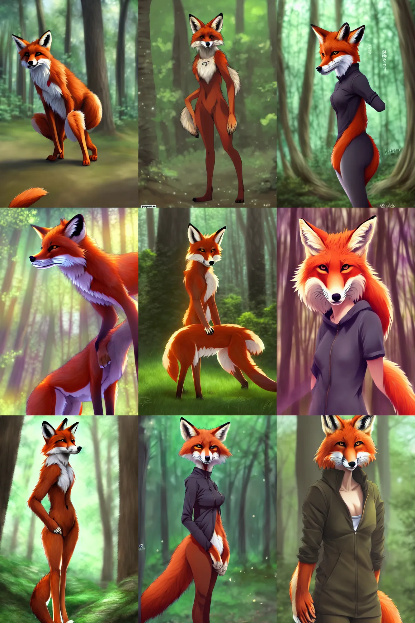 Prompt: furry art, anthro fox standing in a forest, fursona commission, photorealistic, anime key visual, pixiv, makoto shinkai, hibbary, dark natasha, goldenwolf, furaffinity, portrait
