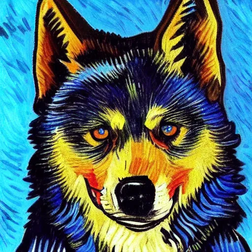 Image similar to retarded wolf portrait, van gogh style, complimentary colors