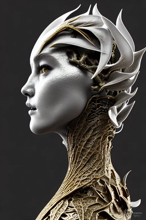 Image similar to bw close - up profile face, black background, beautiful young porcelain vegetal - dragon - cyborg - female, 1 5 0 mm, beautiful natural soft rim light, silver gold details, magnolia leaves and stems, roots, mandelbot fractal, elegant, ultra detailed, white metallic armour, octane render, h. r. giger style