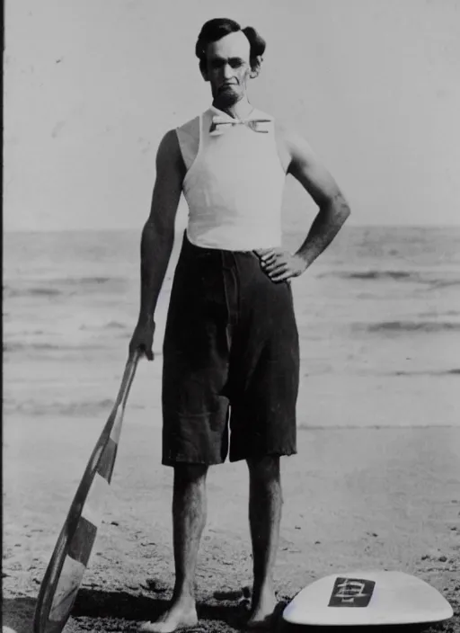 Prompt: old photo of a young abraham lincoln in tank top and shorts with a surf board at the beach