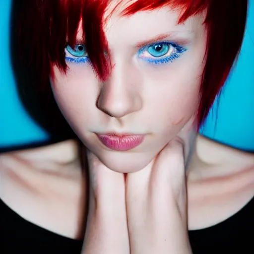 Image similar to photograph, closeup portrait of a young pale woman with short red hair in a dark room, blue eyes, wearing a black tshirt, flash photography, indoor setting, high contrast, sharp, photographed by terry richardson, trending on tumblr,