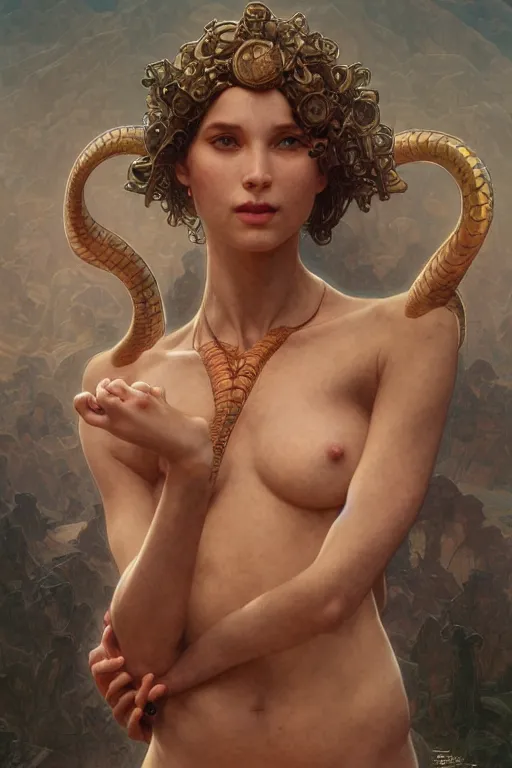 Image similar to Portrait of an anthropomorphic snake-woman, cinematic lighting, intricate, rugged, highly detailed, digital painting, normal hands, normal legs, artstation, smooth, sharp focus, illustration, art by artgerm and greg rutkowski and alphonse mucha and Wayne Barlowe and william-adolphe bouguereau