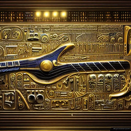 Image similar to hieroglyphic futuristic graffiti representing music score, intricate, complex, shiny, <gold>, high quality, high detail, artstation, 4k resolution