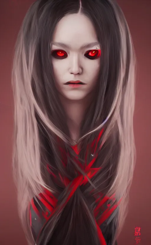 Image similar to ''beautiful girl with long hair, red eyes, japanese miko suit, creepy eyes, creepy art, concept art, artstation, digital painting, 4 k''