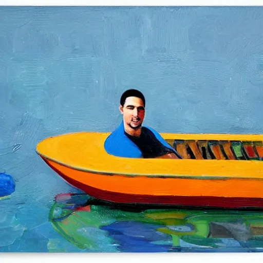 Image similar to klay thompson on a boat in the bay with his white rat, oil on canvas by wayne thiebaud