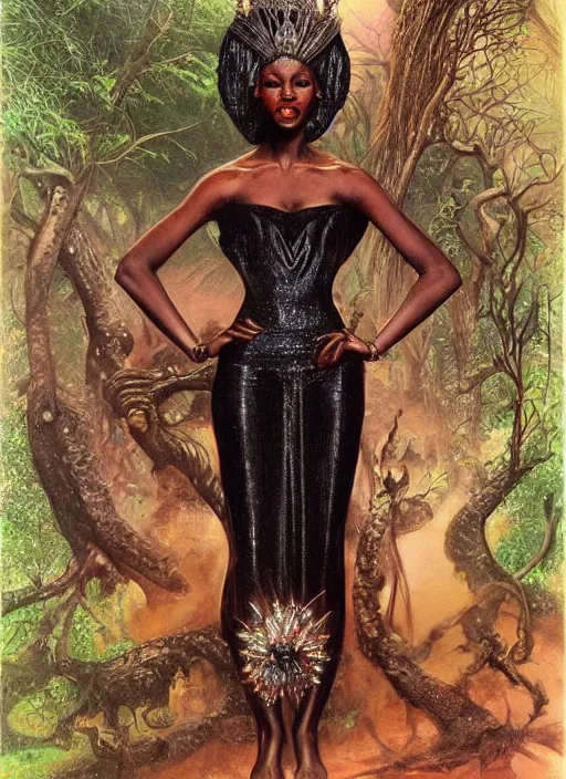 Prompt: portrait african princess, black iron crown, diamond shimmering dress, strong line, deep color, forest, beautiful! coherent! by boris vallejo, by brian froud