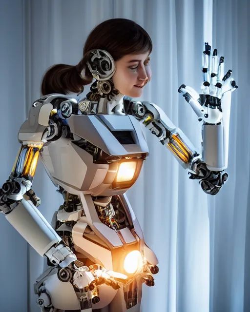 Image similar to blissful young woman with solarpunk mecha humanoid robotic parts with bright led lights, human face, pudica pose gesture, by michelangelo, in white room, ultra - realistic and intricate, medium shot, hdr 8 k