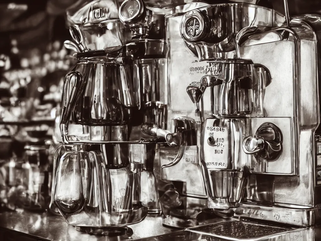 Image similar to wide angle by simon stalenhaag, photography of a historic coffee machine, by louis daquerre, product photography, small depth of field, fresh colors, 4k, highly detailed, trending on artstation