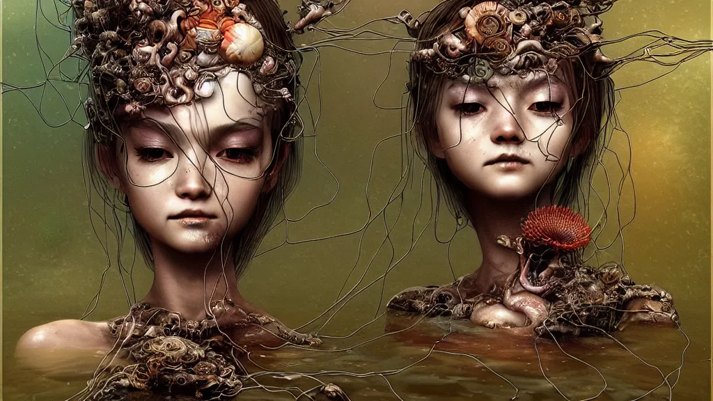 Image similar to prompt: Fragile looking vessel portrait face drawn by Katsuhiro Otomo, beautiful girl in lake with shining face octane 3d render super detailed, nymph in the water performing alchemy, small flowers and cables and wire around and on the side with artifacts and ancient book, intricate oil painting, high detail, Neo-expressionism, gnarly details