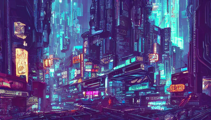 Image similar to cyberpunk city, neon sign, bladerunner, with a weathered ancient greek sculpture standing in the middle, digital illustration, artstation, bottom view