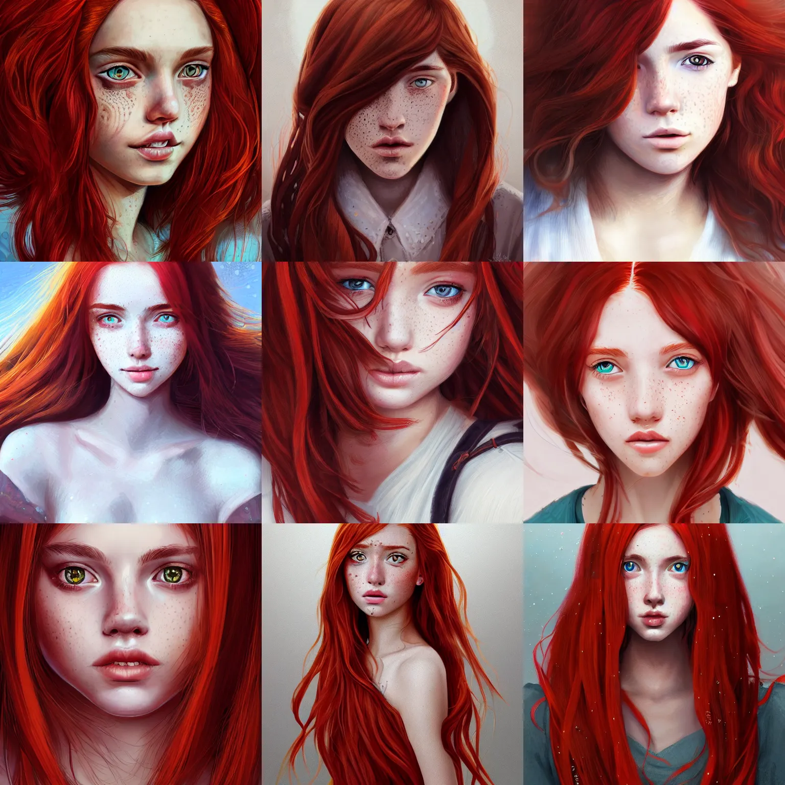 Prompt: portrait of a teen girl with freckles with long red hair and bright brown eyes, intricate, elegant, highly detailed, digital painting, artstation, concept art, sharp focus, illustration
