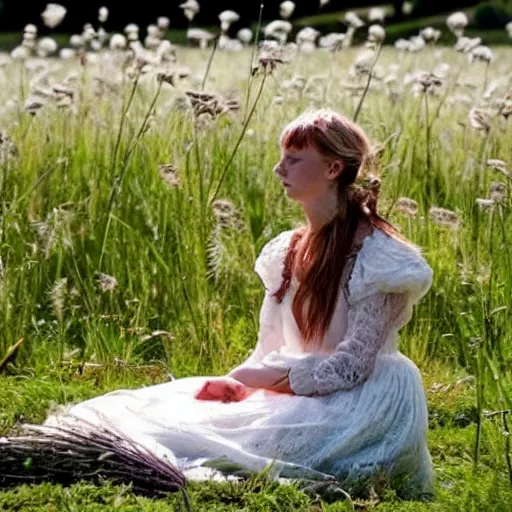 Prompt: thistles, grass, sun, beautiful woman and a swan. a meadow, late english summer. folk horror style. beautiful. gothic. dreamy. rooks