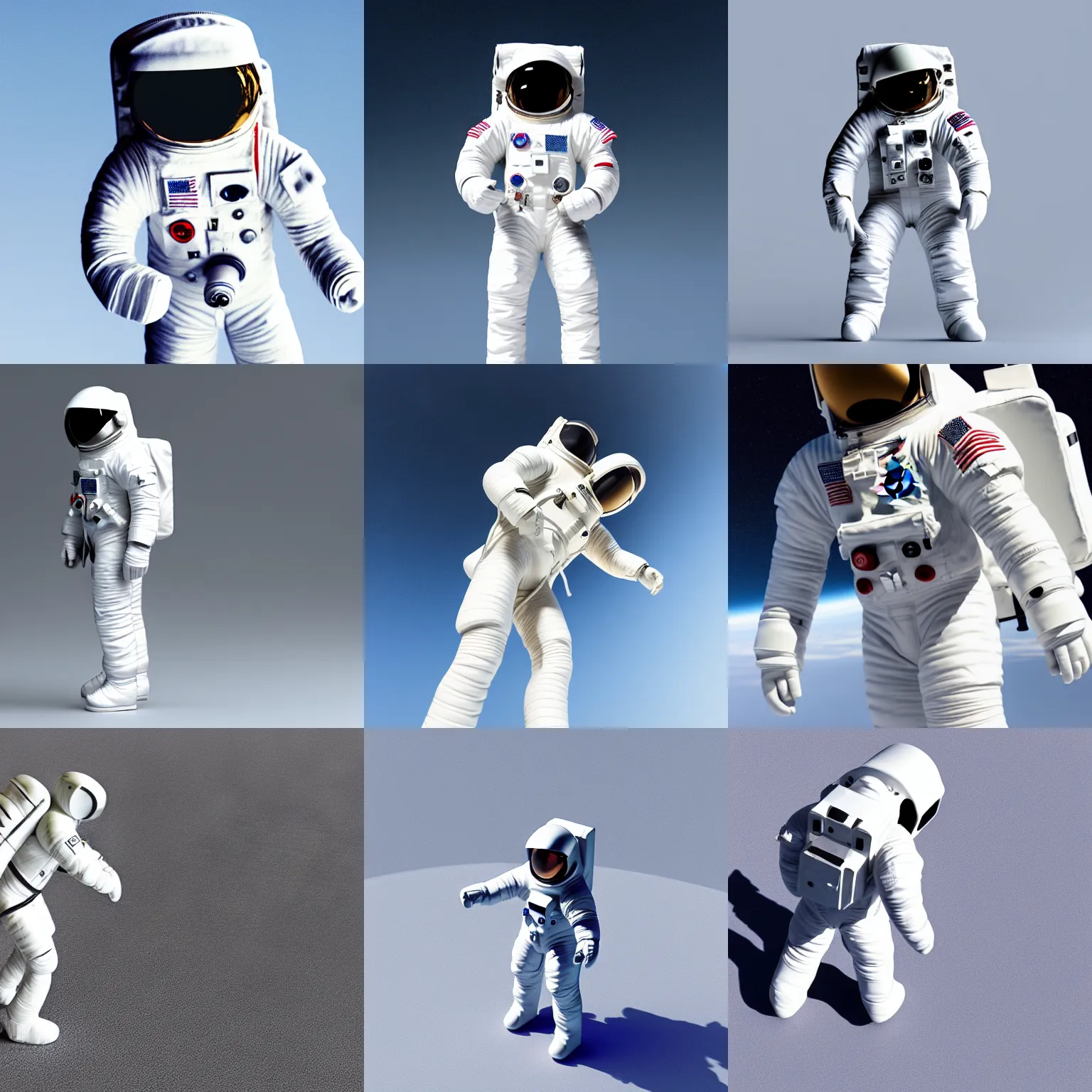 Prompt: a simple white minimalistic astronaut standing on all fours, 3 d render. a white simple minimalistic horse above