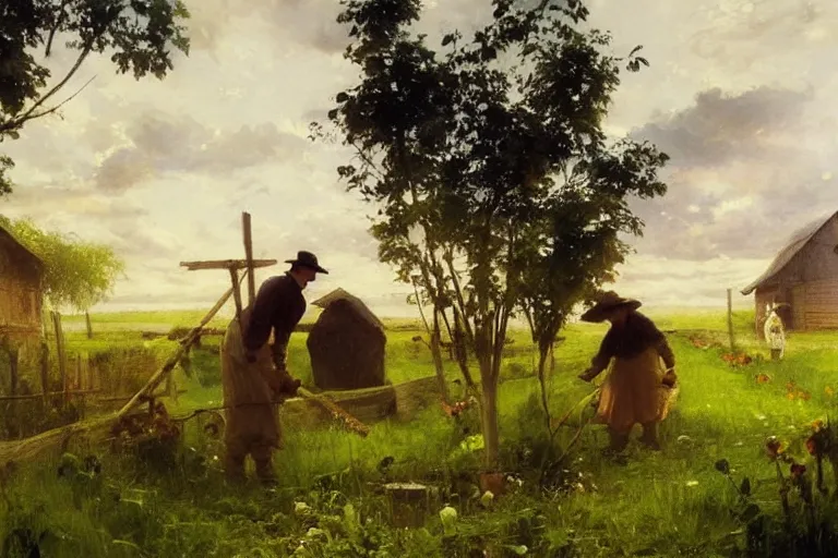 Image similar to simple amish farmers tending to their cottage vegetable gardens, art by anders zorn, wonderful masterpiece by greg rutkowski, beautiful cinematic light, american romanticism thomas lawrence, greg rutkowski