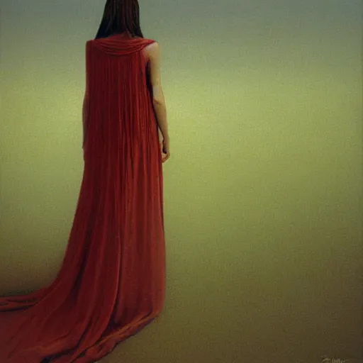 Prompt: a woman in a dress posing, feeling of surrender, by Zdzislaw Beksinski