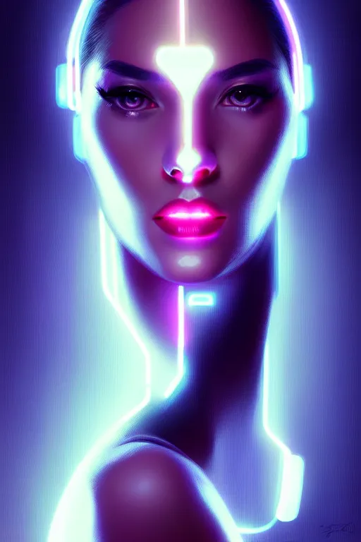 Image similar to portrait of female humanoid from 6 0 s era, intricate, elegant, cyber neon lights, highly detailed, digital painting, artstation, glamor pose, concept art, smooth, sharp focus, illustration, art by artgerm and greg rutkowski