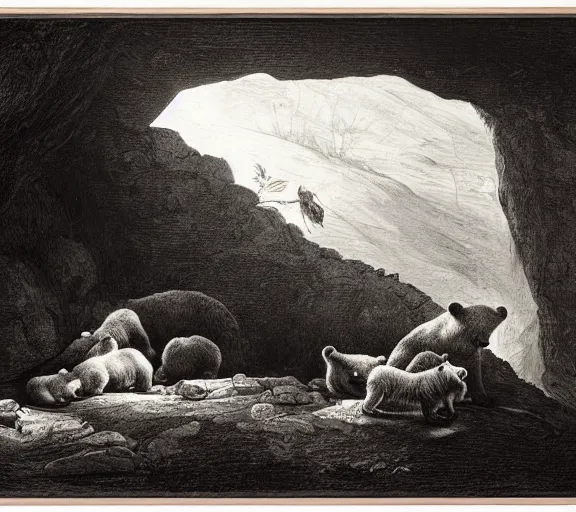 Image similar to viewer looking into dark cave and seeing a mother bear and her cubs sleeping, night time, artwork by Pieter Claesz, cross hatching, framed painting,