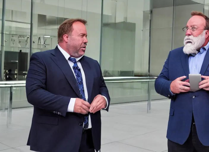 Image similar to dslr photo still of infowars host alex jones in a blue suit fat grey beard and mustache in an!!! apple store trying talking to an employee in a panic!!!, 5 2 mm f 1. 8