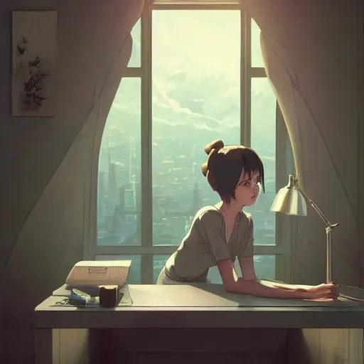 Image similar to beautiful scene render of a person sitting at a desk, looking at monitor, dimly lit bedroom, hot cocoa drink,, perfectly shaded, atmospheric lighting, style of makoto shinkai and peter mohrbacher, studio ghibli. artgerm, karol bak, beeple, animation style, 8 k hd, ultra wide angle, hyper detailed