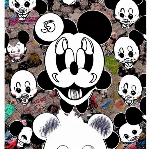 Image similar to anime manga skull portrait girl face mickey mouse simpsons detailed highres 4k warhol and James Jean pop art nouveau