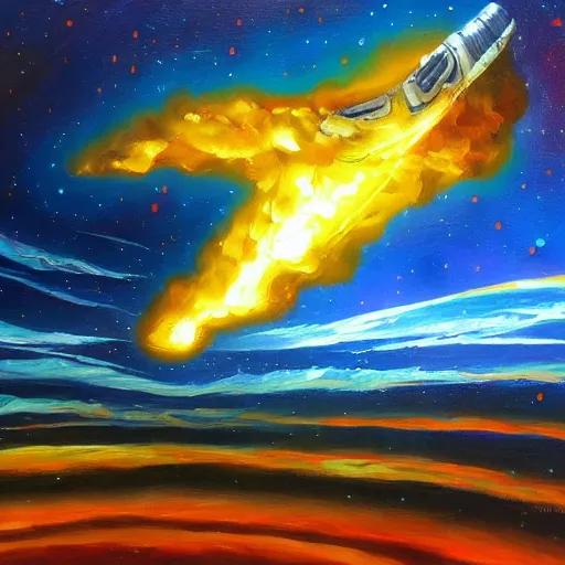Prompt: an old spaceship burning up in the atmosphere, expressive oil painting