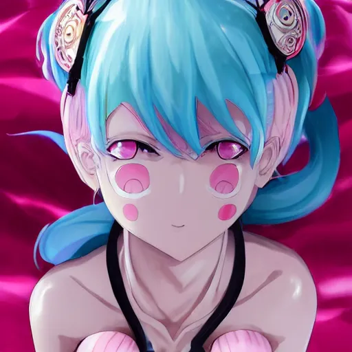 Image similar to stunningly beautiful omnipotent megalomaniacal anime goddess who looks like junko enoshima with symmetrical perfect face and porcelain skin, pink twintail hair and mesmerizing cyan eyes, looking down upon the viewer and taking control while smiling in a mischievous way, mid view from below her feet, hyperdetailed, 2 d anime, 8 k