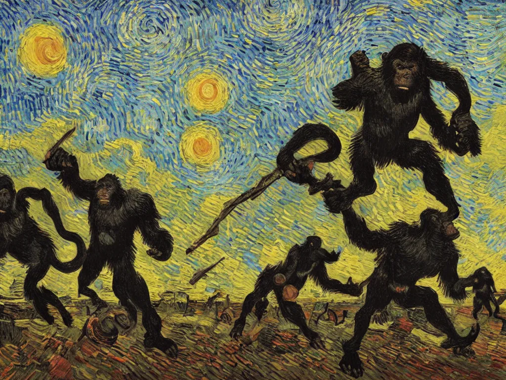 Image similar to bright beautiful oil painting of primitive apes throwing bones at a giant black monolith at dawn, light scatter, van gogh