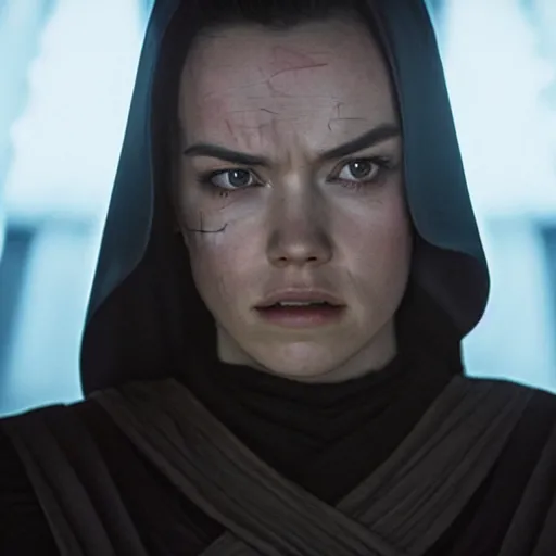 Image similar to movie still of daisy ridley as sith empress wearing a black satin robe and metal belt with dark eye makeup, sweaty, detailed eyes, neutral expression, shallow depth of field, photorealistic, cinematic lighting, lovely bokeh, dark moody light, strong rim light, movie quality, star wars