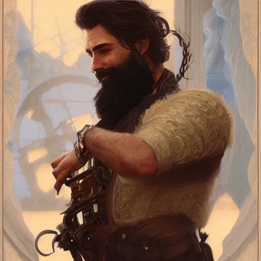 Image similar to portrait of a bearded male bard, D&D, fantasy, intricate, elegant, highly detailed, digital painting, artstation, concept art, smooth, sharp focus, illustration, art by artgerm and greg rutkowski and alphonse mucha