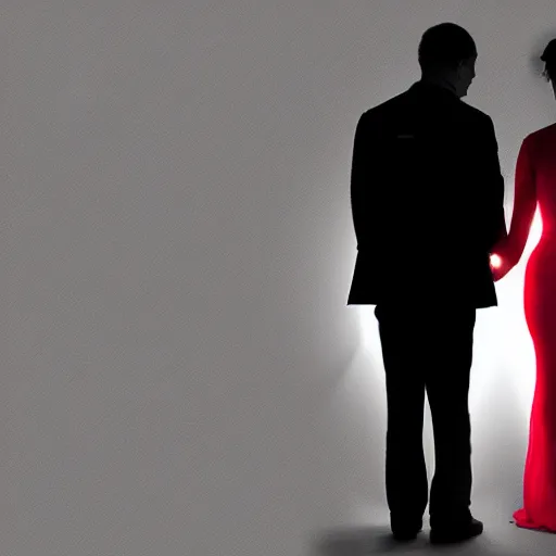 Image similar to A man stands in a black room with one source of light from a lantern it is pink, a woman stands in the dark in a red dress with a slit on her leg, Francis style